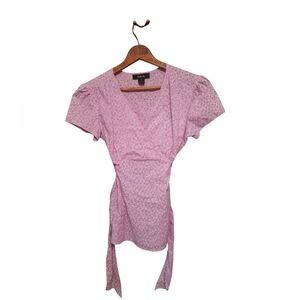 Style & Co PInk Polka Dot Y2K style blouse ladies 10 SASH V-neck Flutter sleeves